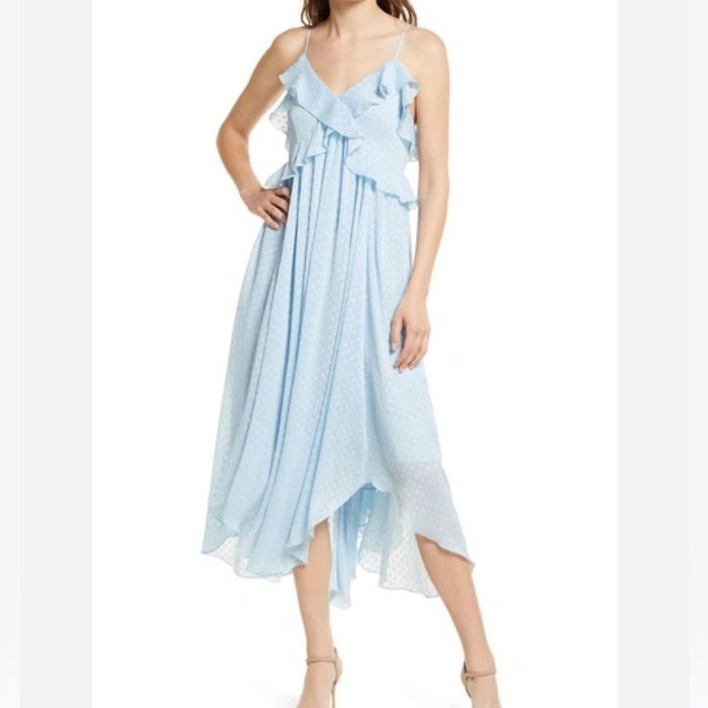 CHELSEA 28 Light Blue Ruffle Neck Spaghetti Strap MIDI Dress  size Medium EUC